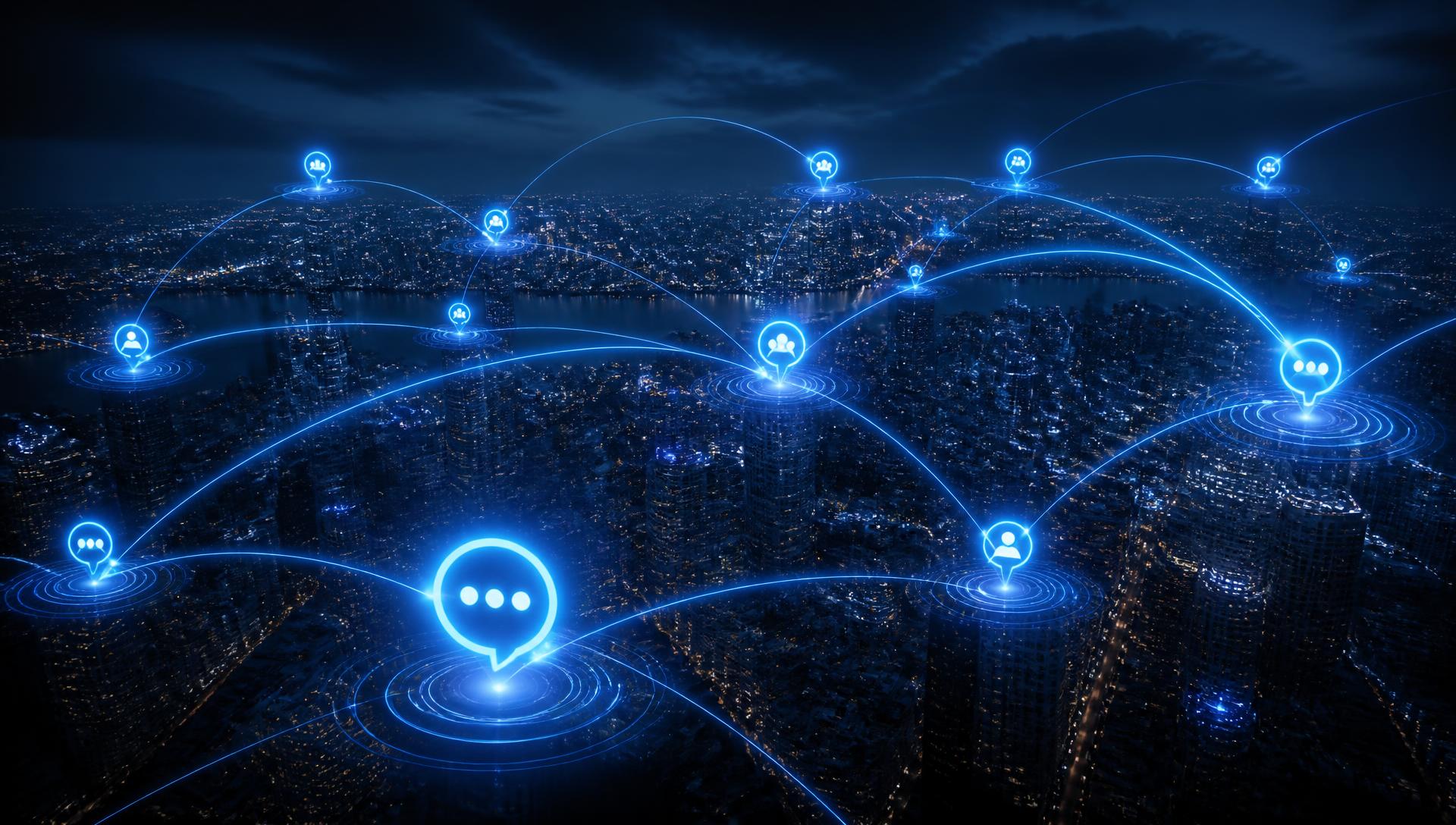 Glowing blue communication nodes connected above a night city