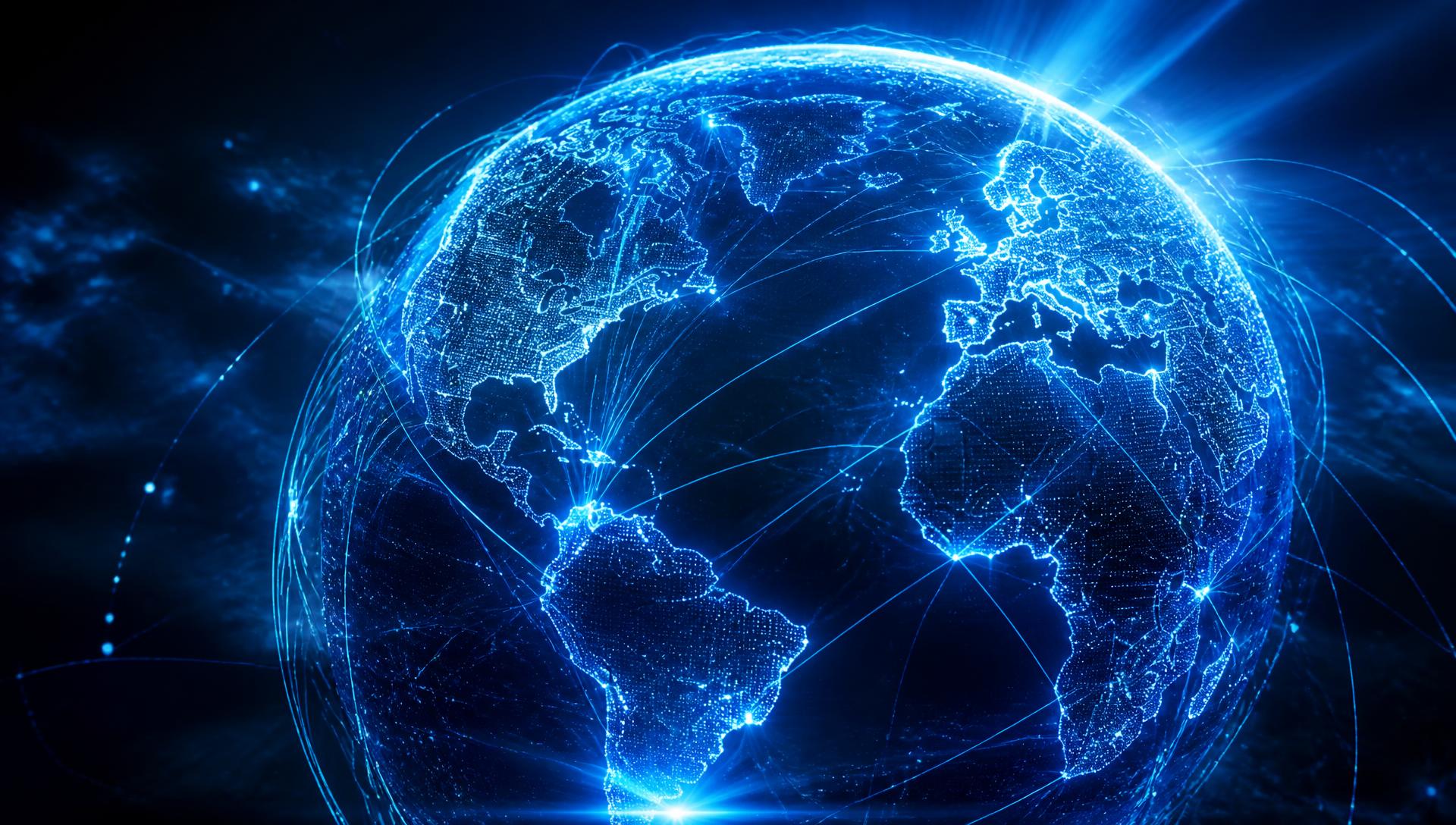 Digital globe formed from connected lines of blue and cyan light