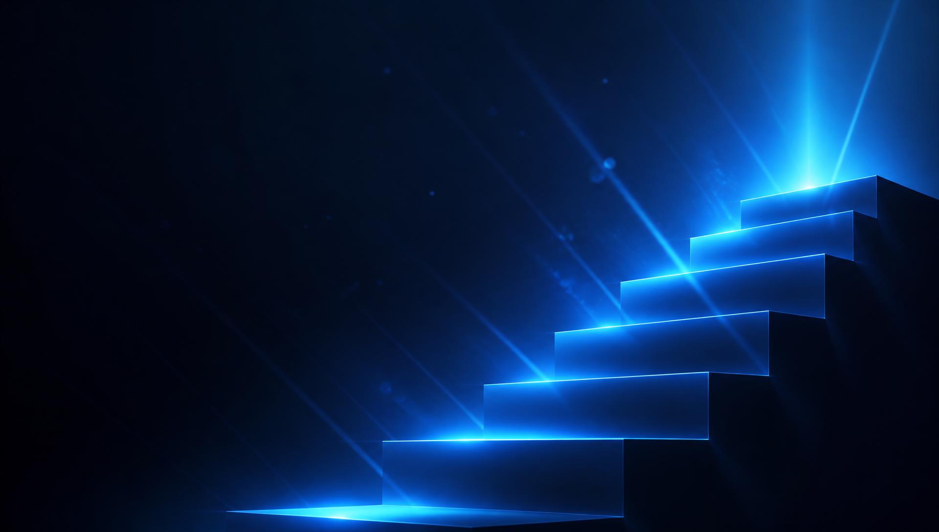 Glowing blue ascending steps of light in dark space