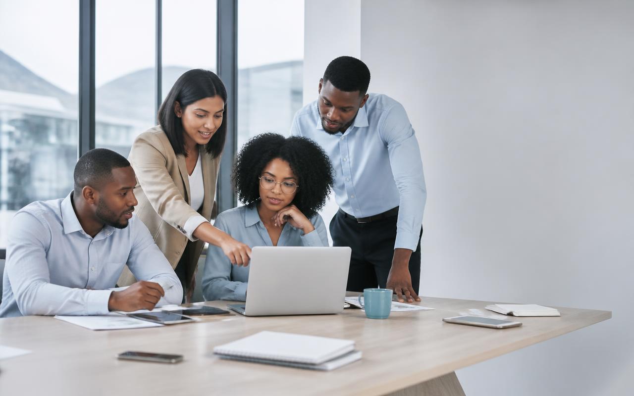 A diverse business team working together around a laptop in a bright office