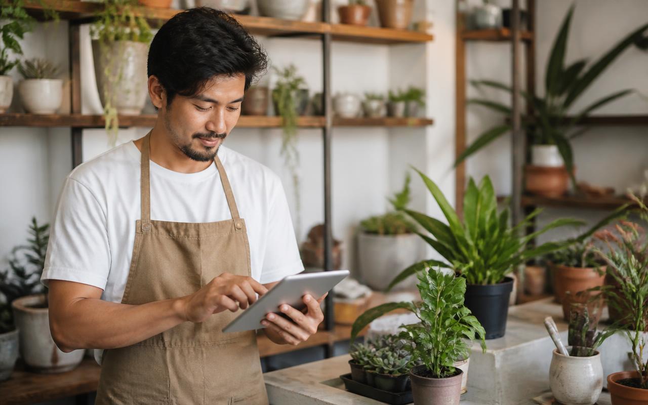 Small business owner using a tablet to manage his shop